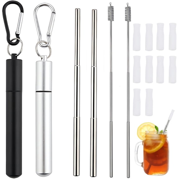 Travel Straw, 2 Pcs Collapsible Metal Straws Drinking, with Keyring Includes Case and Cleaning Brush and 10 Compact Silicone Tips, Reusable Drinking Straws for Traveling Home and Office