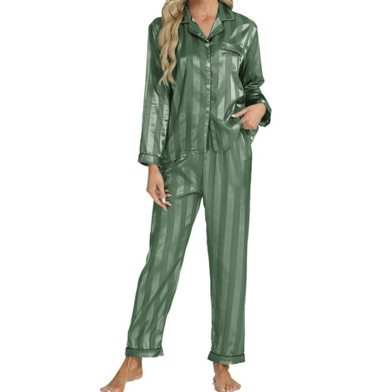 Travel Suit Set Womens Silk Satin Pajamas Loungewear Two-Piece Sleepwear Button Shirt Sleepwear Pajamas Set 2 Piece Knit Loungewear S-126 Green L