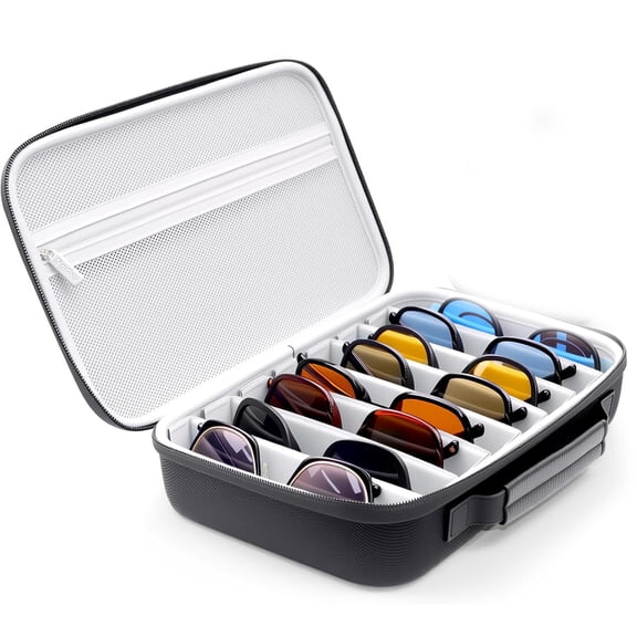 Travel Sunglasses Organizer Case, Portable Eyeglasses Storage Box, Adjustable Multi-Compartments & Crushproof Design, Holds Up to 8 Pairs, Eyewear Display Case