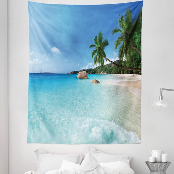 Travel Tapestry, Anse Lazio Beach at Praslin Island Surfing Beach Scenic View Travel, Fabric Wall Hanging Decor for Bedroom Living Room Dorm, 5 Sizes, Turquoise Blue Green, by Ambesonne