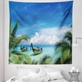 thumbnail image 1 of Travel Tapestry, Exotic Hawaiian Beach with Palm Trees and Fishing Boats Paradise Picture, Fabric Wall Hanging Decor for Bedroom Living Room Dorm, 5 Sizes, Blue Green Turquoise, by Ambesonne, 1 of 1