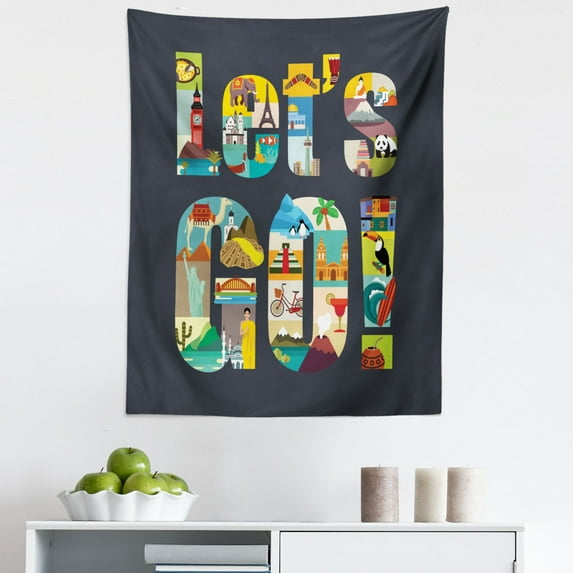 Travel Tapestry, Lets Go Typography with Touristic Places Travel Around the World Theme Illustration, Fabric Wall Hanging Decor for Bedroom Living Room Dorm, 5 Sizes, Multicolor, by Ambesonne