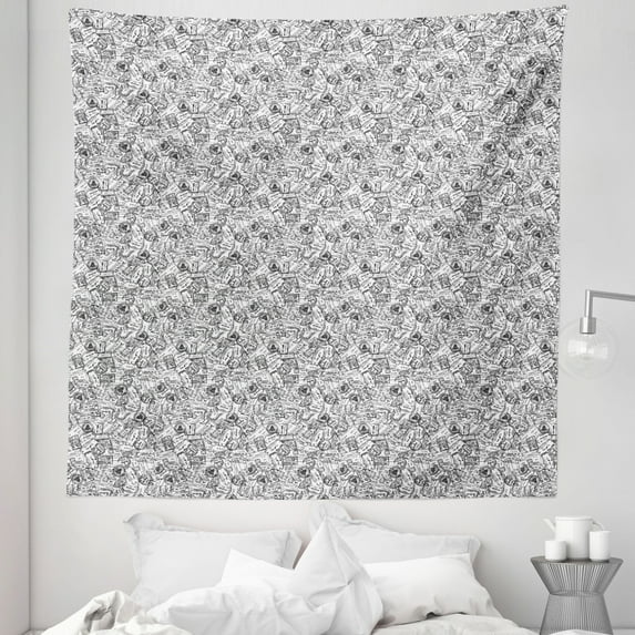Travel Tapestry, Monochrome Pattern with Passport Rubber Stamps with Grunge Effect Travel Theme, Fabric Wall Hanging Decor for Bedroom Living Room Dorm, 5 Sizes, Black and White, by Ambesonne
