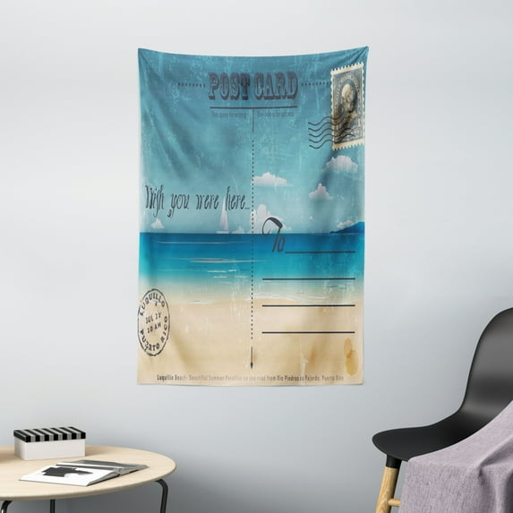 Travel Tapestry, Nostalgic Tropical Summer Season Backdrop on Vintage Card Stamp Travel Print, Wall Hanging for Bedroom Living Room Dorm Decor, 40W X 60L Inches, Sand Brown Teal, by Ambesonne