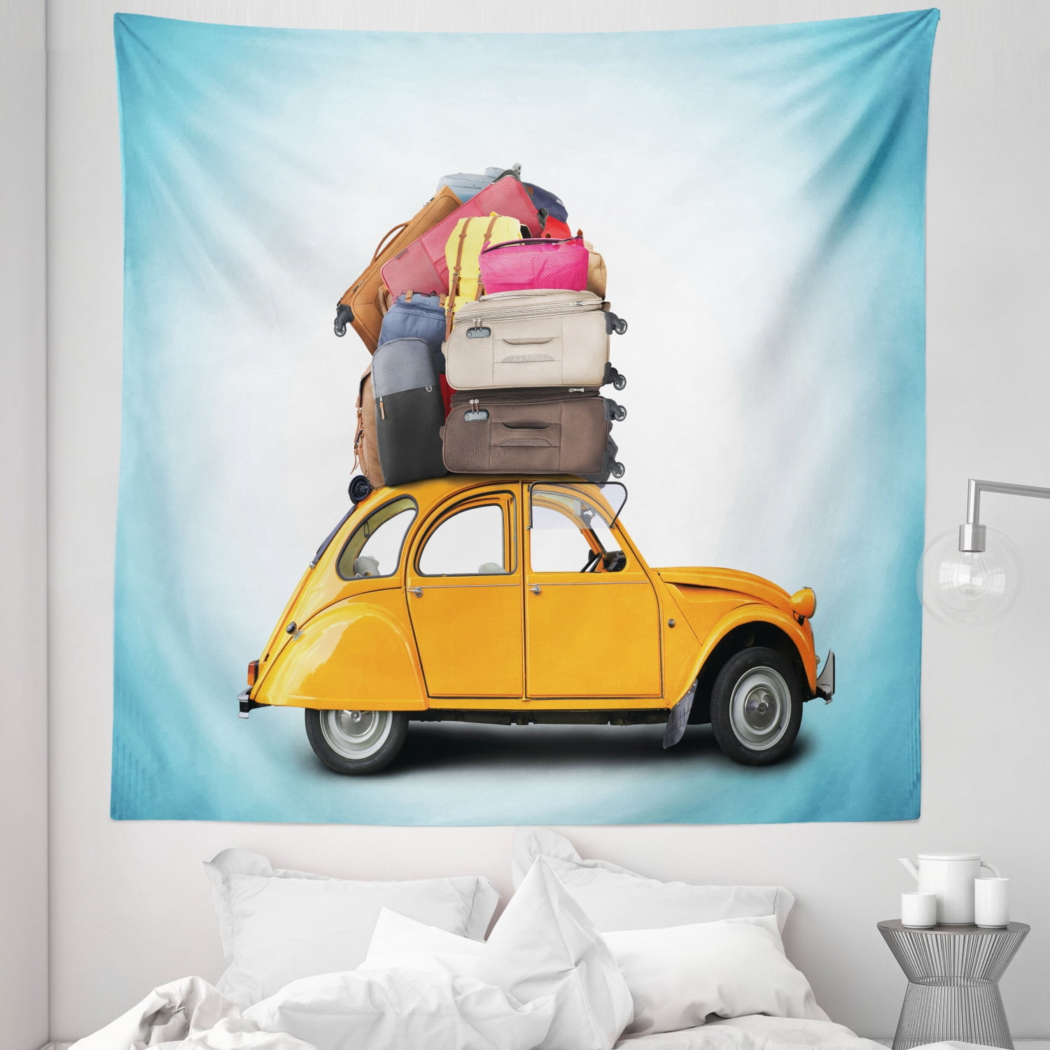 Travel Tapestry Old Fashioned Car Auto with Bunch of Luggage on the Roof Happy Summer Holiday Print Fabric Wall Hanging Decor for Bedroom Living