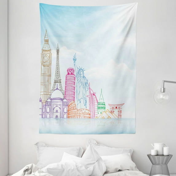 Travel Tapestry, Sky Blue Backgrounded Image of European Cities Landmarks Colorful Artwork Print, Wall Hanging for Bedroom Living Room Dorm Decor, 60W X 80L Inches, Multicolor, by Ambesonne
