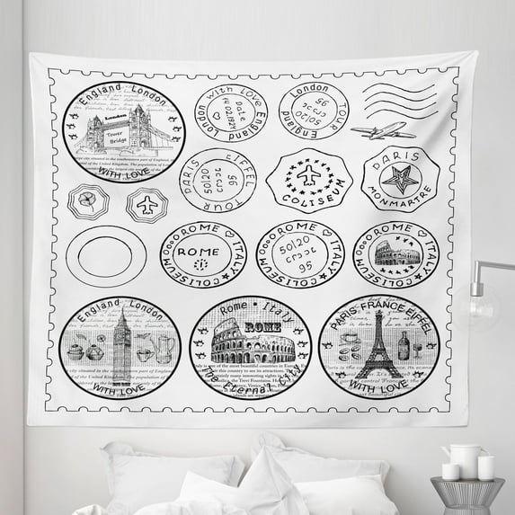 Travel Tapestry, Stamps from All over the World Historical Landmarks Tourist Attraction European, Fabric Wall Hanging Decor for Bedroom Living Room Dorm, 5 Sizes, Black White, by Ambesonne