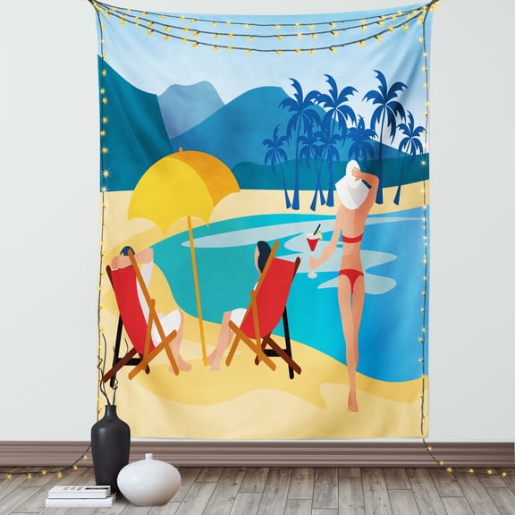 Travel Tapestry, Summer Vacation Themed Cartoon of People Relaxing on the Beach Tropical Ocean Print, Wall Hanging for Bedroom Living Room Dorm Decor, 40W X 60L Inches, Multicolor, by Ambesonne