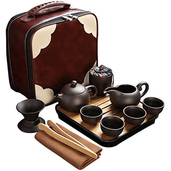 Travel Tea Sets 12 PACK Ceramic Teapot, Chinese Tea Pot Cup Set with Tray Infuser,Purple Clay Teapot,Teacups,Tea Canister,Bamboo Tray in One Tea Gift Bag for Outdoor Home Business
