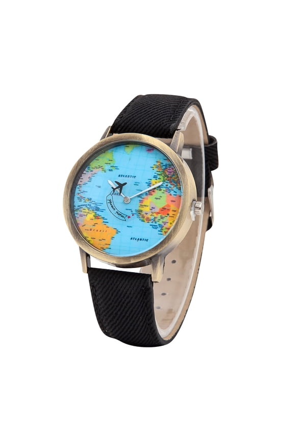 Travel The World Watch Cool Unique Airplane Moving Flying World Map Watch with Black Jeans Color Watch Band Women Men Watch Small Wrist(Black)
