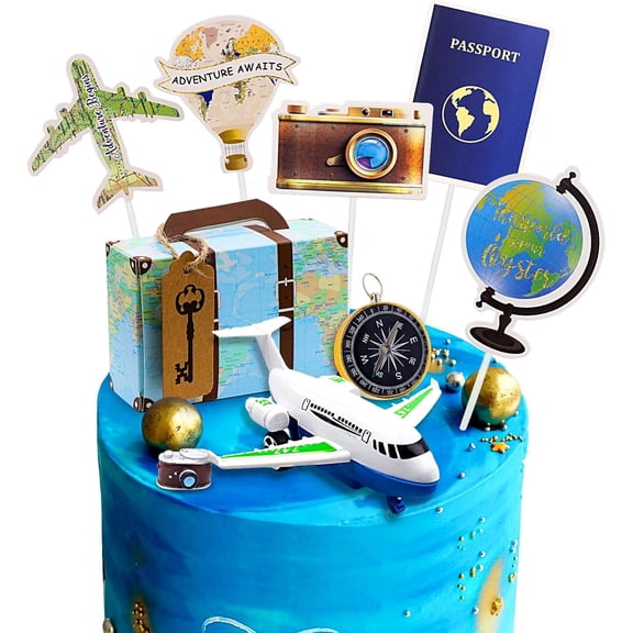 Travel Theme Cake Toppers Travel Cake Decoration Adventure Travel Cake Cupcake Toppers Airplane Map Camera Heart Mini Suitcase Cake Decorations for Adventure Awaits Travel Themed Party