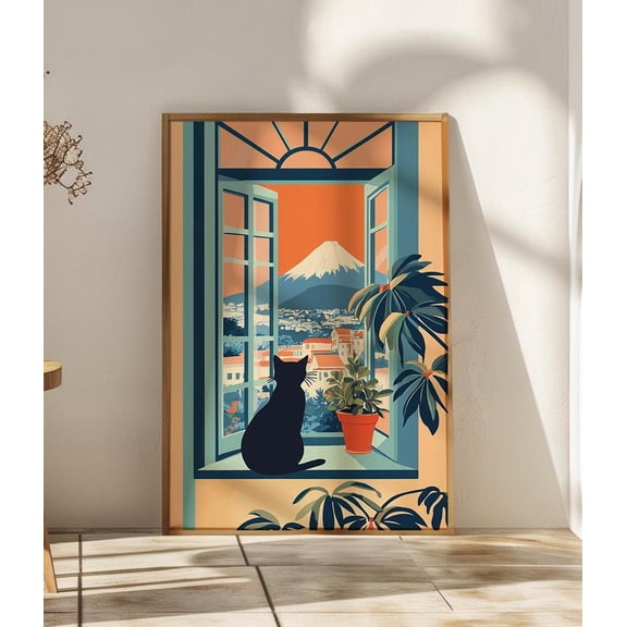 Travel Theme Open Window Art Print, Cat Illustration, World View, Unframed Canvas Size 24x36