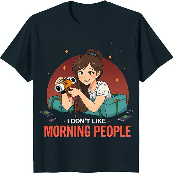 Travel Themed Black T-Shirt with Cartoon Woman Camera & 'I Don't Like Morning People' Design