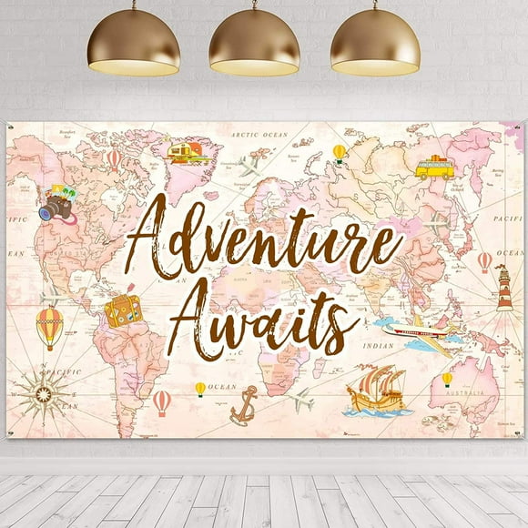 Travel Themed Party Decorations Supplies Adventure Awaits Bon Voyage Backdrop Adventure Map Backdrop for Graduation Birthday Party Baby Shower Photo Booth Pink