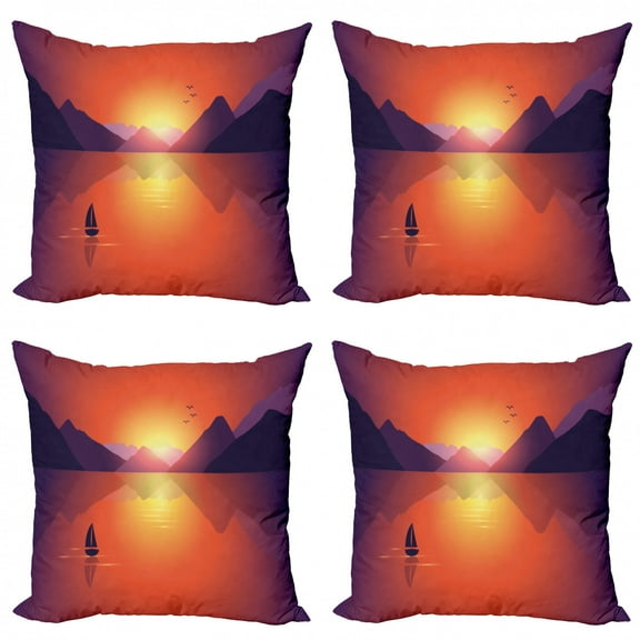 Travel Throw Pillow Cushion Case Pack of 4, A Lonely Sailboat on Calm Water Oceanic Sunset Landscape Scene, Modern Accent Double-Sided Print, 4 Sizes, Burnt Sienna Dark Purple, by Ambesonne