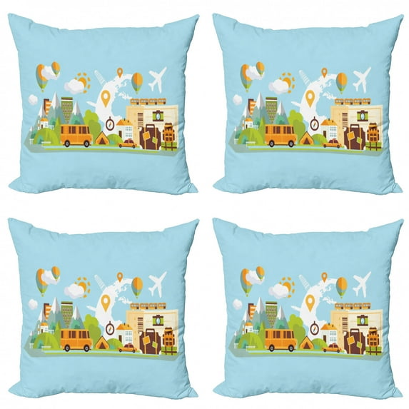 Travel Throw Pillow Cushion Case Pack of 4, Adventure Vacation Journey Concept Flat Design Graphic Illustration on Pale Blue, Modern Accent Double-Sided Print, 4 Sizes, Multicolor, by Ambesonne