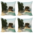 thumbnail image 1 of Travel Throw Pillow Cushion Case Pack of 4, Illustration of a Relaxing Island House on the Coast with Palm Trees Exotic Vacation, Modern Accent Double-Sided Print, 4 Sizes, Multicolor, by Ambesonne, 1 of 2