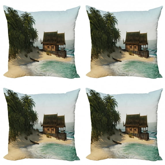 Travel Throw Pillow Cushion Case Pack of 4, Illustration of a Relaxing Island House on the Coast with Palm Trees Exotic Vacation, Modern Accent Double-Sided Print, 4 Sizes, Multicolor, by Ambesonne