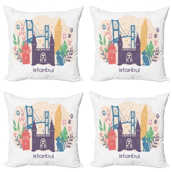 Ambesonne Travel Throw Pillow Cover 4 Pack, Floral Istanbul Landmarks, 18", Champagne and Multicolor