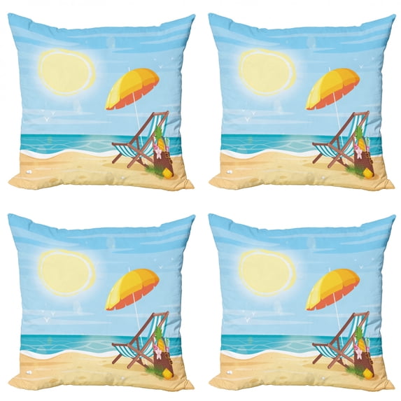 Ambesonne Travel Throw Pillow Cover 4 Pack, Sea Shore Beach Umbrella, 16", Multicolor