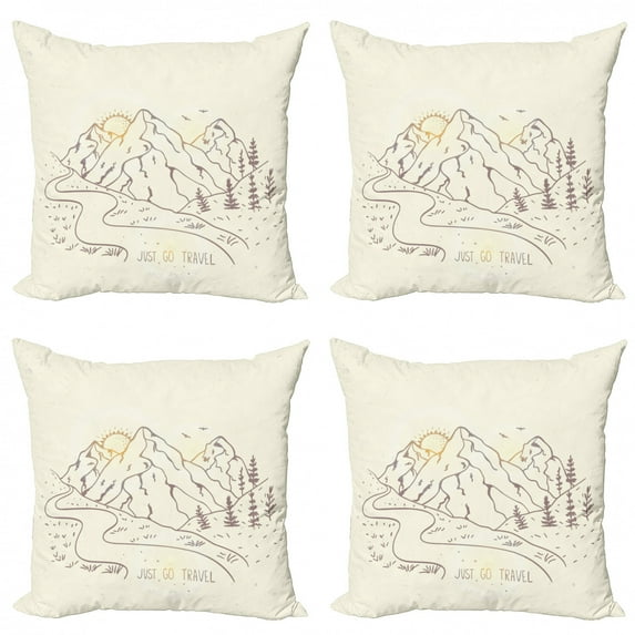 Travel Throw Pillow Cushion Case Pack of 4, Sunrise Scenery Nature Mountains with Text Just Go Travel Sketch Illustration, Modern Accent Double-Sided Print, 4 Sizes, Cream Tan Yellow, by Ambesonne