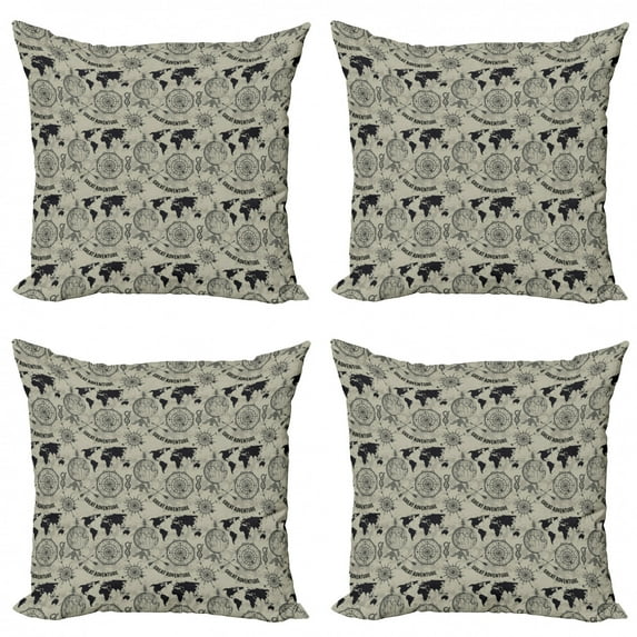 Ambesonne Travel Throw Pillow Cover 4 Pack, Vintage Adventure Art, 24", Dusk and Charcoal Grey