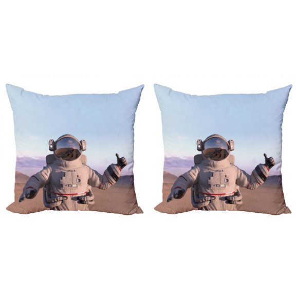 Travel Throw Pillow Cushion Cover Pack of 2, Digitally Generated Image of an Astronaut Giving Thumbs Exploration of the Planets, Zippered Double-Side Digital Print, 4 Sizes, Multicolor, by Ambesonne