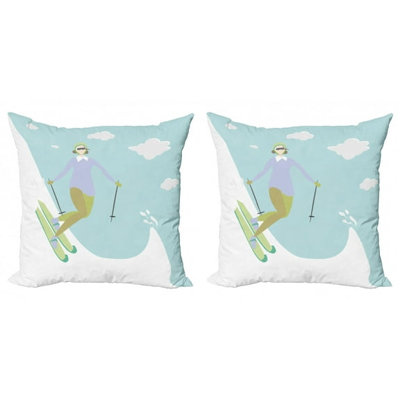 Travel Throw Pillow Cushion Cover Pack of 2, Illustration of a Woman Skiing on Snow Winter Time Holiday Sports, Zippered Double-Side Digital Print, 4 Sizes, Pale Blue and Multicolor, by Ambesonne