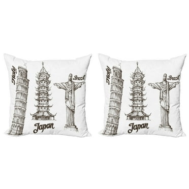 Ambesonne Travel Throw Pillow Cover 2 Pack, Japanese Style Building View, 20", Army Green