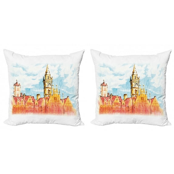 Travel Throw Pillow Cushion Cover Pack of 2, Medieval City View of Ghent Clock Tower in Belgium, Zippered Double-Side Digital Print, 4 Sizes, Multicolor, by Ambesonne