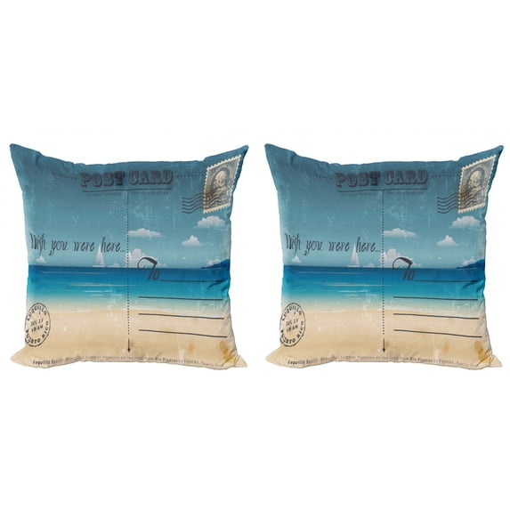 Ambesonne Vintage Throw Pillow Cover 2 Pack, Summer Postcard Stamp, 24", Sand Brown Teal