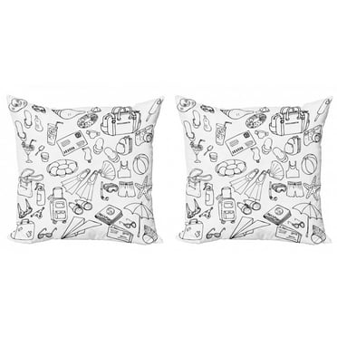 Travel Throw Pillow Cushion Cover Pack of 2, Sea and Travel Hand-drawn Infographic Sketches Line Art Drawing Design Elements, Zippered Double-Side Digital Print, 4 Sizes, Black and White, by Ambesonne