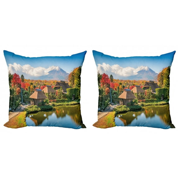 Travel Throw Pillow Cushion Cover Pack of 2, Thatch Roof Farmhouses with a View of the Mount Hill on the Background Autumn Tones, Zippered Double-Side Digital Print, 4 Sizes, Multicolor, by Ambesonne