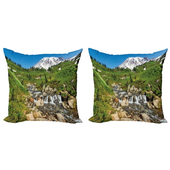 Ambesonne Travel Throw Pillow Cover 2 Pack, Edith Creek Mount Rainier, 24", Multicolor
