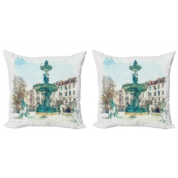 Travel Throw Pillow Cushion Cover Pack of 2, Watercolor Illustration of an Old Fountain in the Town Square in Lisbon, Zippered Double-Side Digital Print, 4 Sizes, Multicolor, by Ambesonne