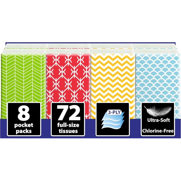 Travel Tissue Packs ā 8 Compact 3-Ply Packs (72 Total), Soft Chlorine-Free Facial Tissues for Purse, Car, or School, Gentle & Durable, Non-Bleach, Stylish Geometric Design