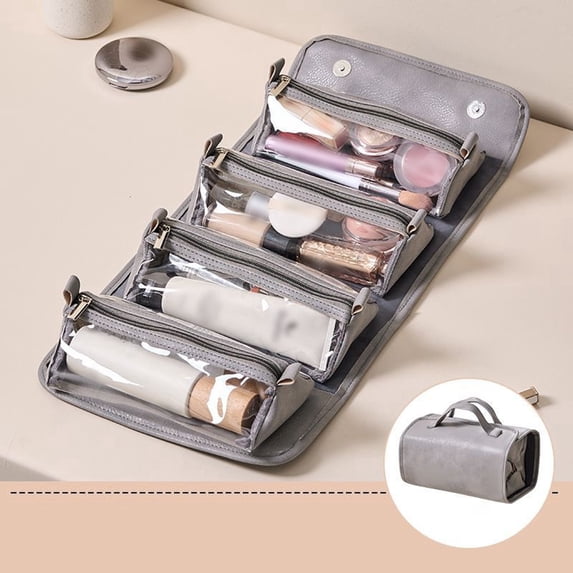 Leather Travel Toiletry Organizer with Detachable Clear Compartments Large Capacity Foldable Hanging Cosmetic Storage Bag