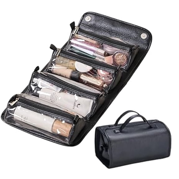 Travel Toiletry Bag,Hanging Makeup Bag,4 In 1 Roll Up Cosmetic Bag,Detachable Clear Compartments,Leather Material,Large Capacity Compact Design,Foldable Travel Organizer,Water Resistant
