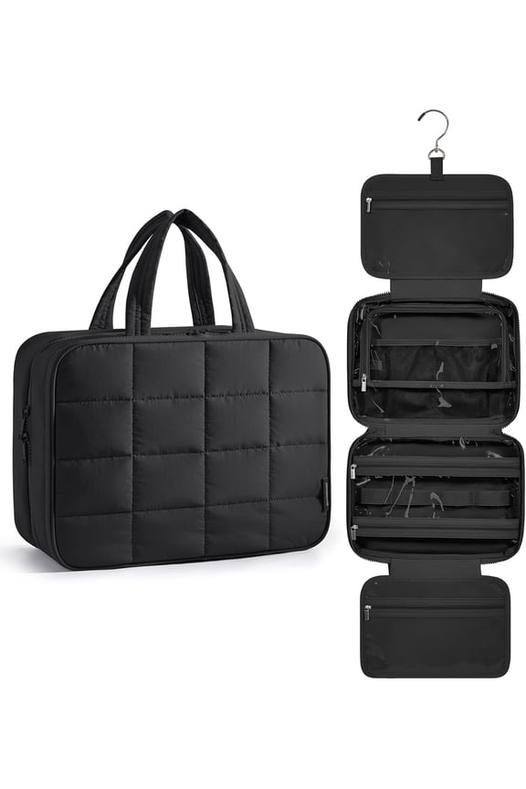 Travel Toiletry Bag with Jewelry Organizer, Hanging Travel Bag for Toiletries, Puffy Makeup Cosmetic Bag Organizer, Carry-on Travel Accessories Essentials, Black-L