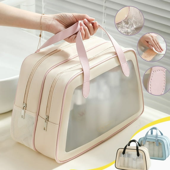 Travel Toiletry Bag Large Capacity | Hanging Makeup Organizer | Water-Resistant Cosmetic Case | Full Size Toiletries Storage | 13x8.8x5.9in | White Pink Blue | 1 Pack