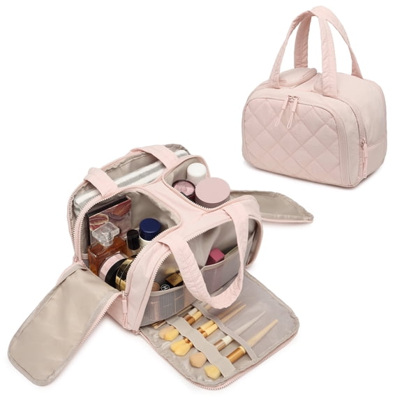 Travel Toiletry Bag, Large Quilted Cosmetic Organizer with Water-Resistant PVC & Mesh Pockets, Makeup Bag for Weekend Trip and Business Travel Essentials
