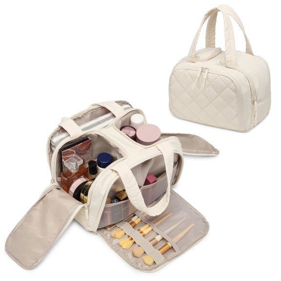 Travel Toiletry Bag, Large Quilted Cosmetic Organizer with Water-Resistant PVC & Mesh Pockets, Makeup Bag for Weekend Trip and Business Travel Essentials
