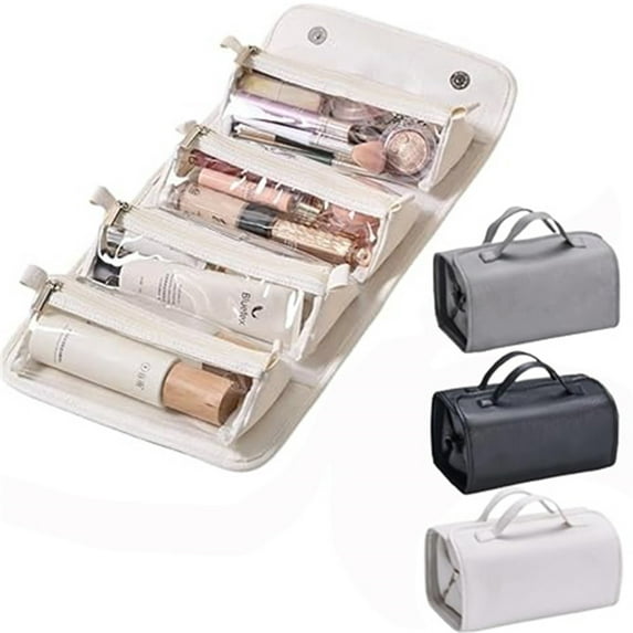 Travel Toiletry Bag Leather 4-in-1 Hanging Makeup Organizer | Large Capacity Foldable Cosmetic Bag with 4 Detachable Clear Compartments, Compact Roll Up, Waterproof, Easy Clean, 9.45"x5.51"x4.72"