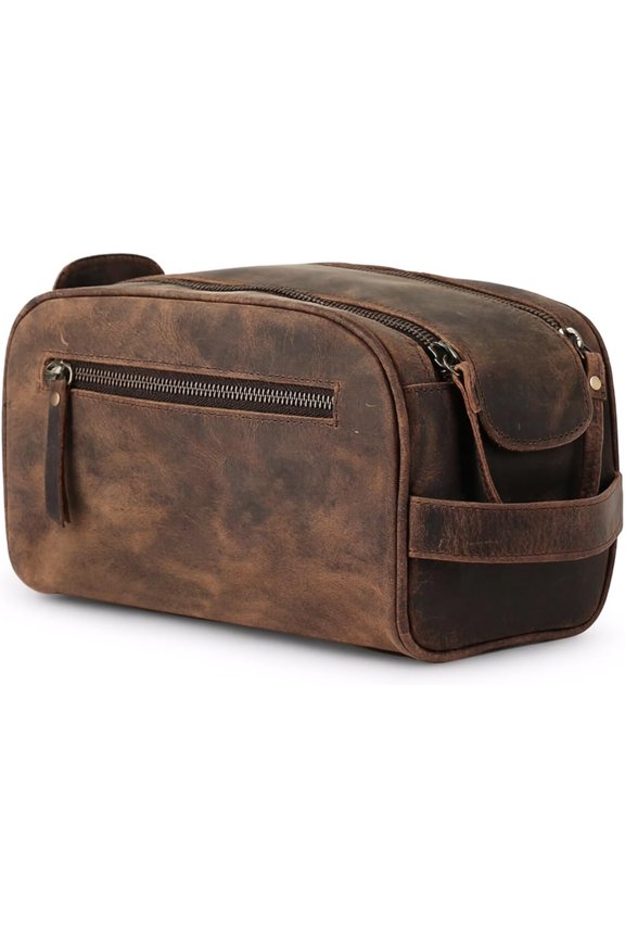 Travel Toiletry Bag - Leather Dopp Kit for Men & Women with Water-Resistant Lining & Spacious Zippered Organizer