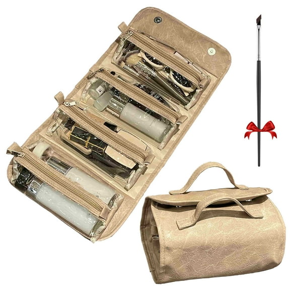 Travel Toiletry Bag, Leather Waterproof Cosmetic Bag,4 in 1Travel Multi Compartment Makeup Large Foldable Bag,Detachable Clear Multi Compartment Hanging Makeup Bag,Large Capacity Waterproof Bag