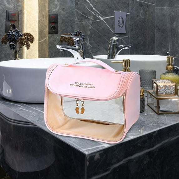 Travel Toiletry Bag, Make up Organizer, Cosmetic Organizer, Large Opening, Multifunctional Clear Makeup Bags for Traveling Travel Essentials Pink