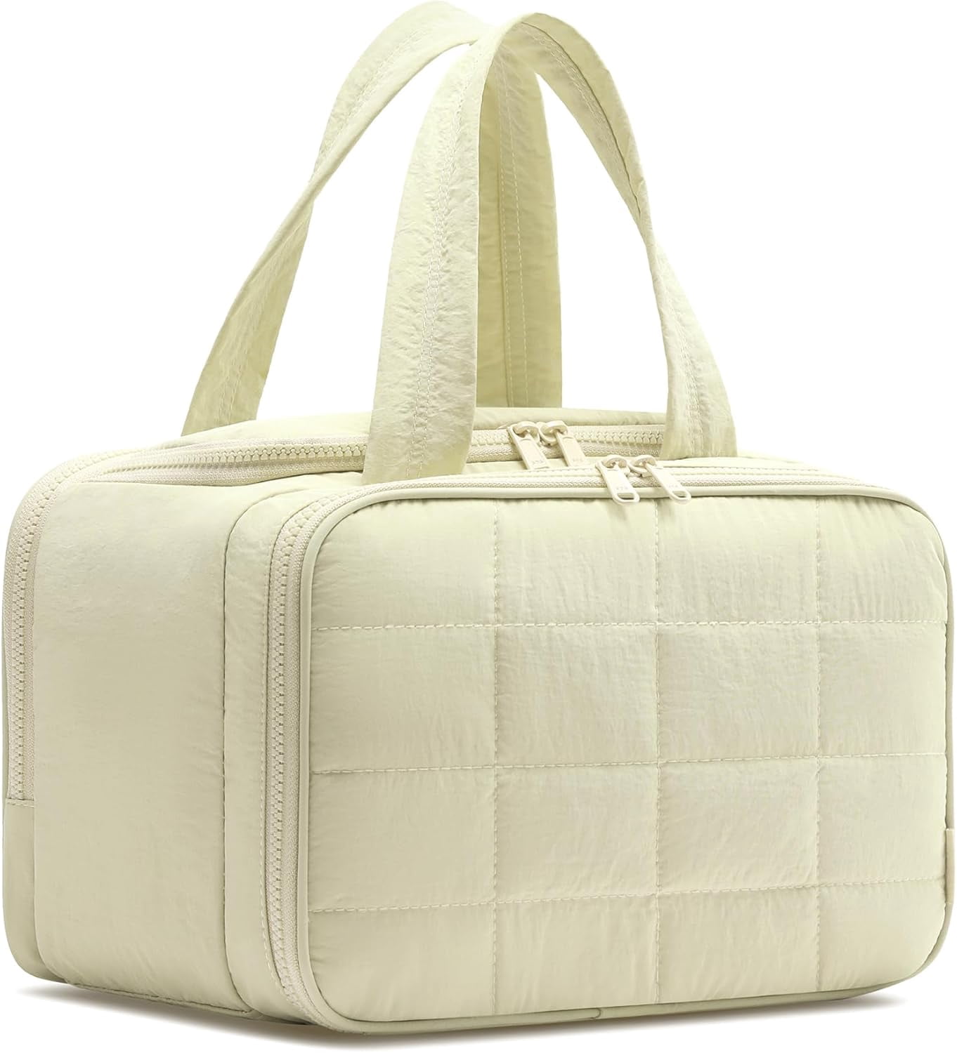 Travel Toiletry Bag, Puffy Wide-open Quilted Makeup Bag for Women,Lightweight Cosmetic Travel Bag Organizer with Handle for Traveling, Accessories, Essentials Toiletries Beige