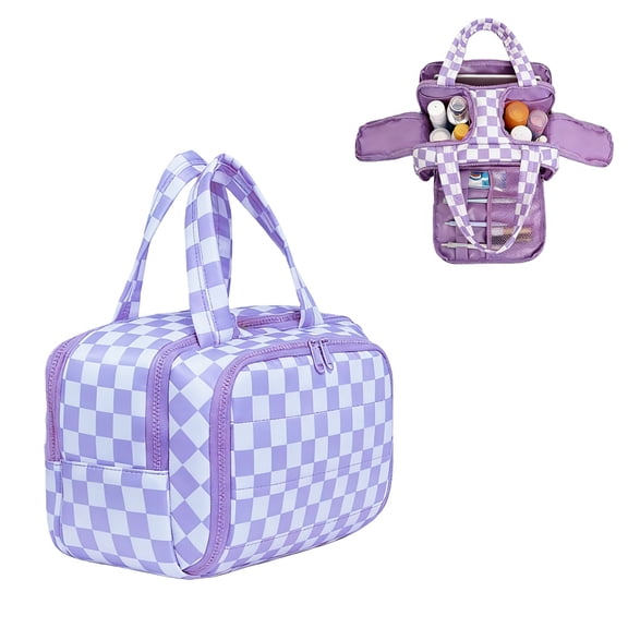 Travel Toiletry Bag, Spacious Checkered Toiletry Bag for Women,Large Toiletry Bags for Traveling,Lightweight Travel Cosmetic Makeup Bag Organizer for Accessories,Toiletries (Purple Checkered)