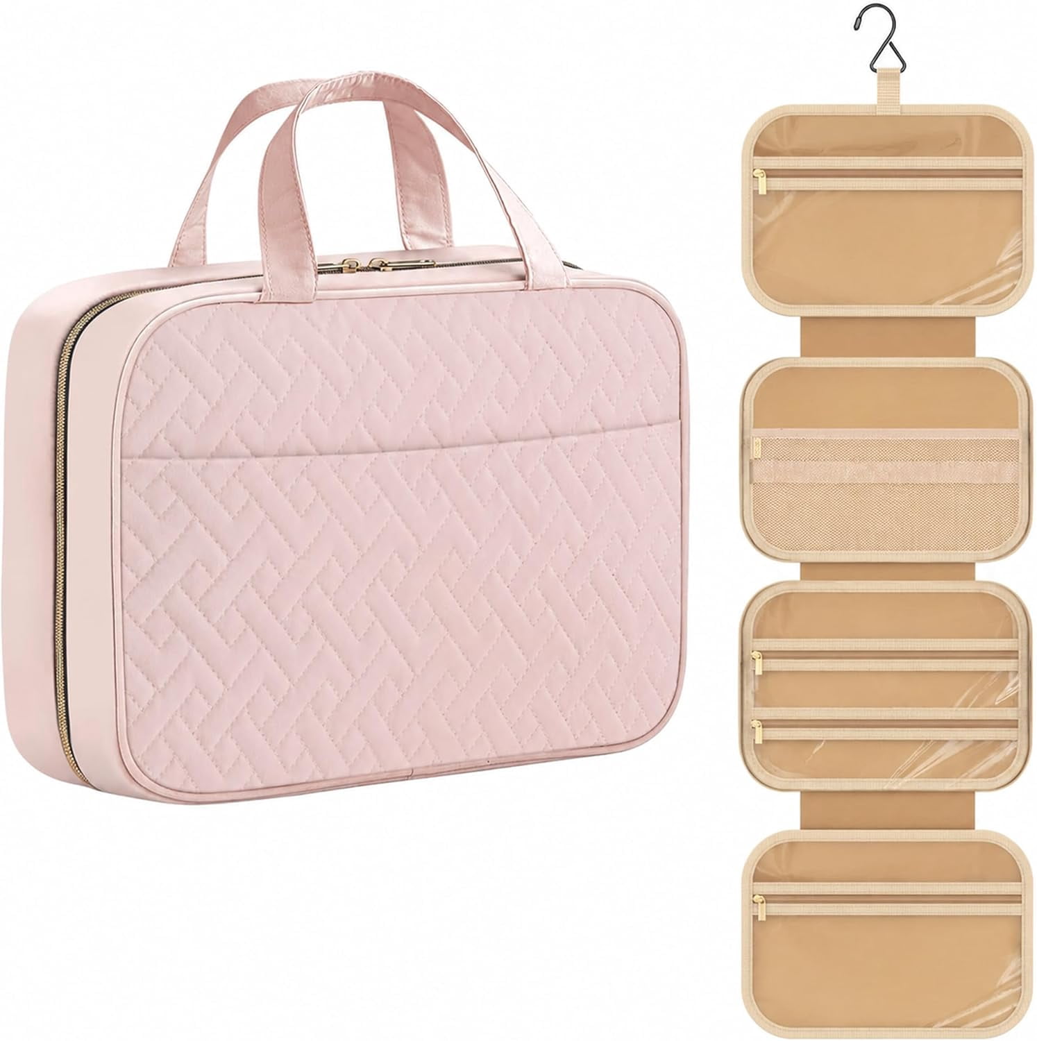Travel Toiletry Bag – Waterproof Hanging Toiletry Organizer for Men & Women, Spacious Makeup Bag with Large Compartment, Travel Accessories Essentials (Pale Pink)