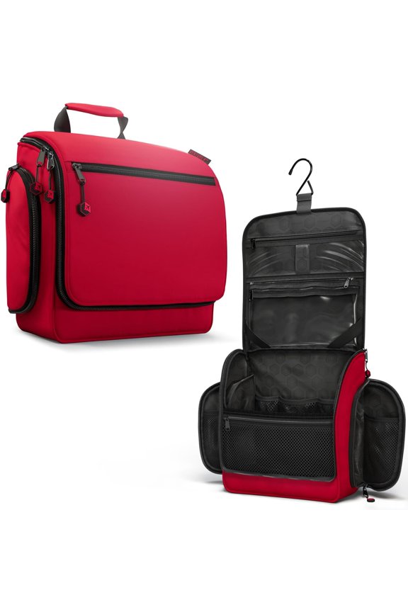 Travel Toiletry Bag for Women & Men - Large Toiletry Organizer with 18 Compartments, Removable TSA Pouch, Travel Wash Bag for Toiletries, Makeup & Shaving Kit (Red)